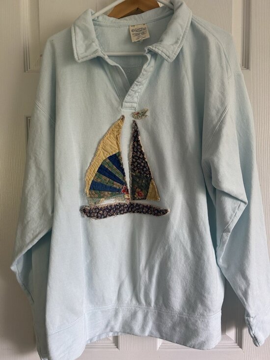 Comfort Wash Tops - Sail boat Quilt Patchwork , Upcycled Vintage Sweatshirt, Light Blue Size L